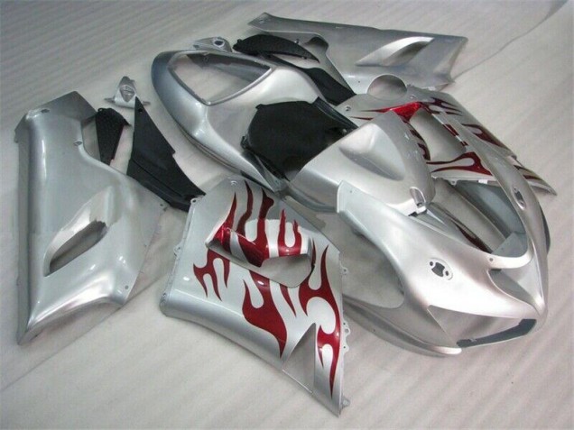 Discount 2005-2006 Silver Red Flames Kawasaki ZX6R Motorcycle Fairings UK Discount 2005-2006 Silver Red Flames Kawasaki ZX6R Motorcycle Fairings UK